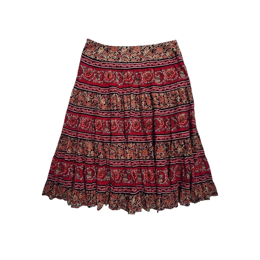 Jones New York Tiered Midi Skirt 14 XL Boho Maximalist Lined Red Cotton Floral